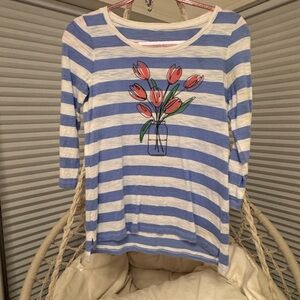 Talbots Striped Blue and White Top with Tulip Design